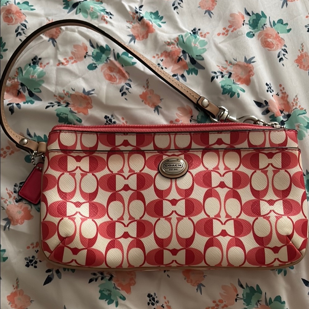 Coach Signature Canvas Wristlet in Pink/Red/Cream